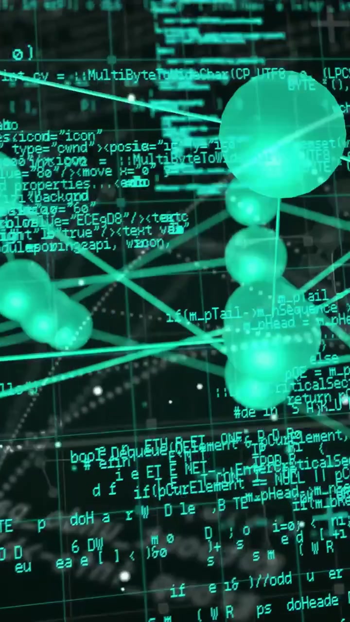 Vertical video: Teal node cluster pulsing while camera moving and revealing code over grid for tech