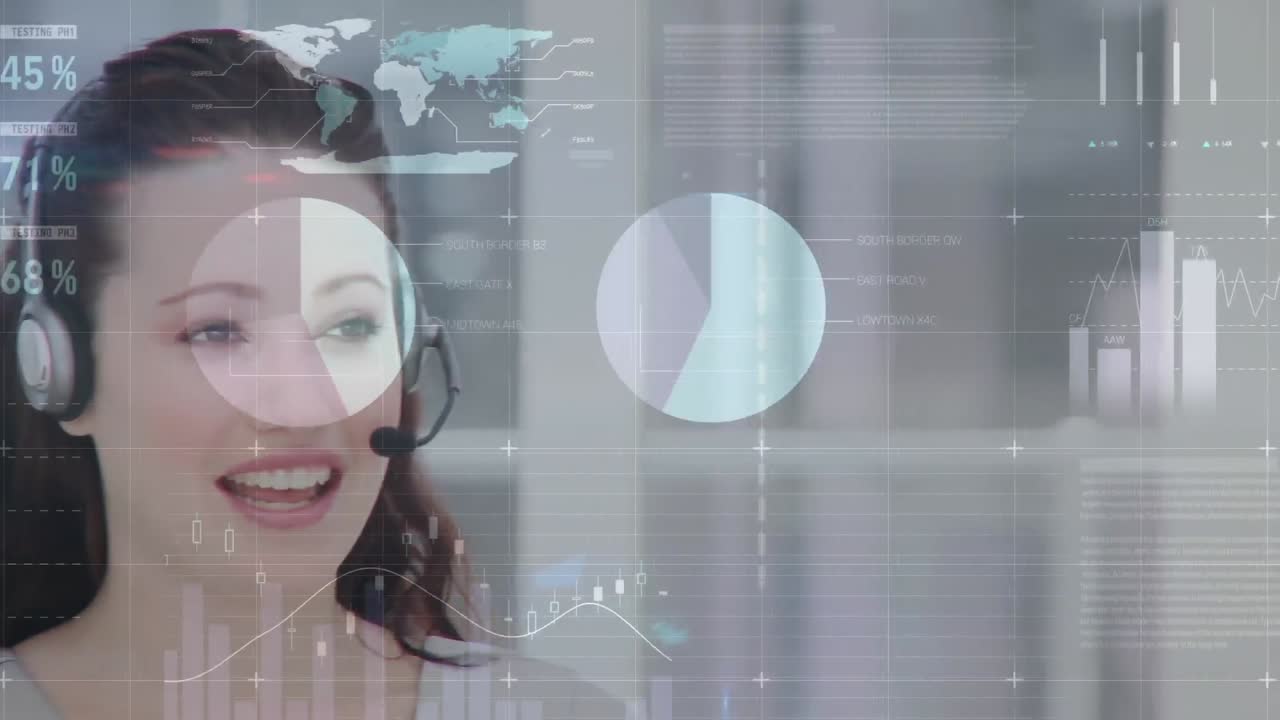 animación del procesamiento de datos financieros y estadísticos sobre una mujer de negocios con auriculares de teléfono