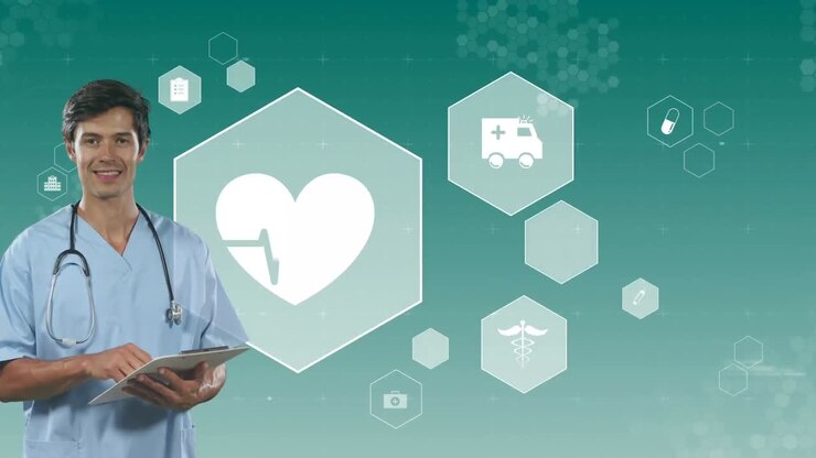 Iconos médicos contra un enfermero tomando notas en un portapapeles