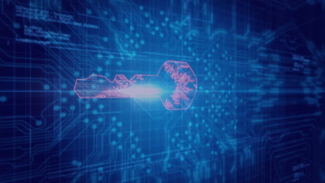 Animation of key icon and digital data processing over circuit board