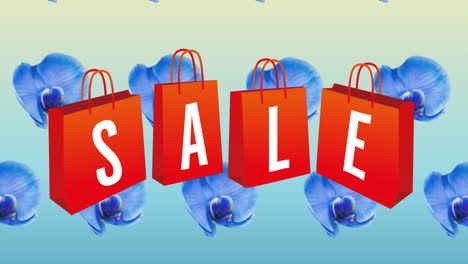 sale text on red shopping bags against multiple blue flowers on gradient background