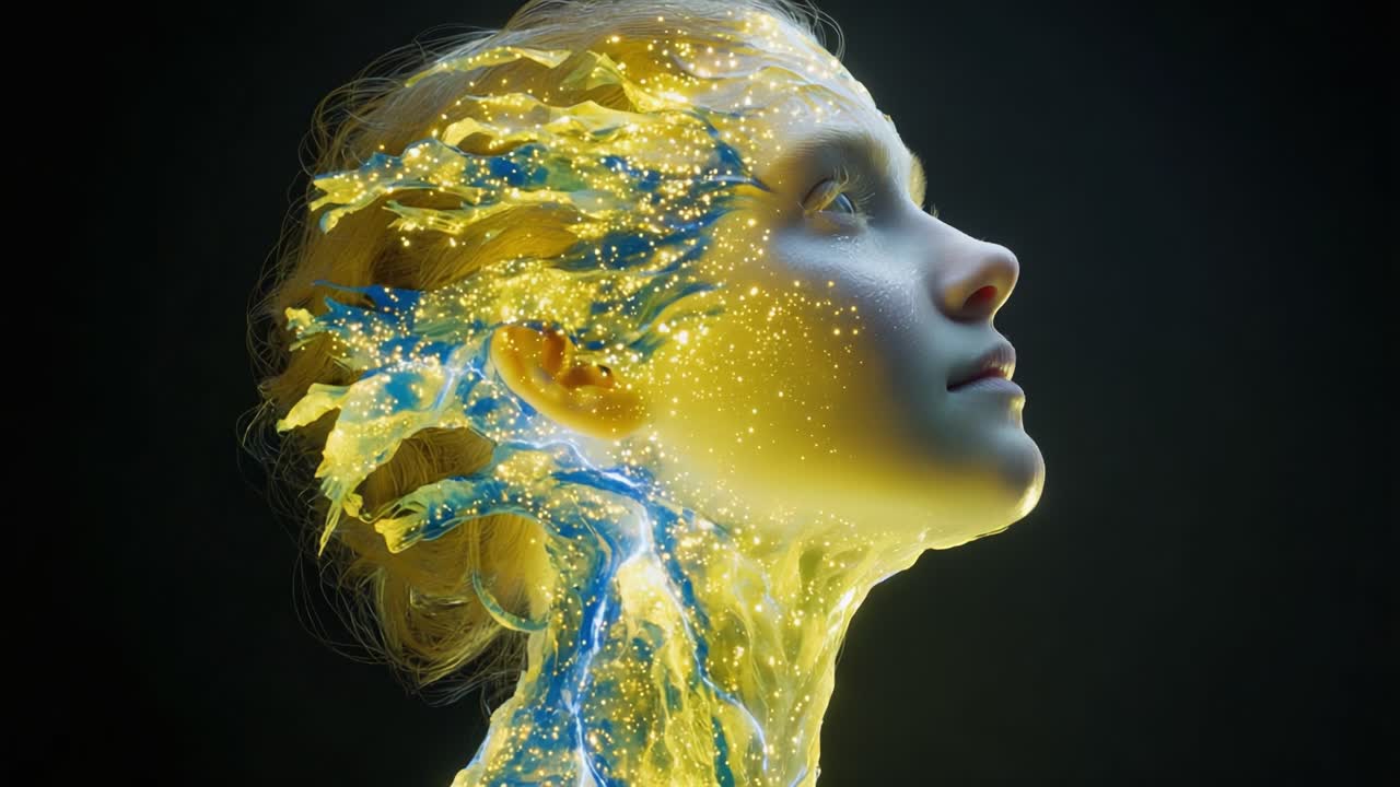 Una Trasformazione Sbalorditiva: Esplorazione del Cambiamento di una Figura Celeste con Luce Eterea ed Energia che Scorre Attraverso la Sua Forma.