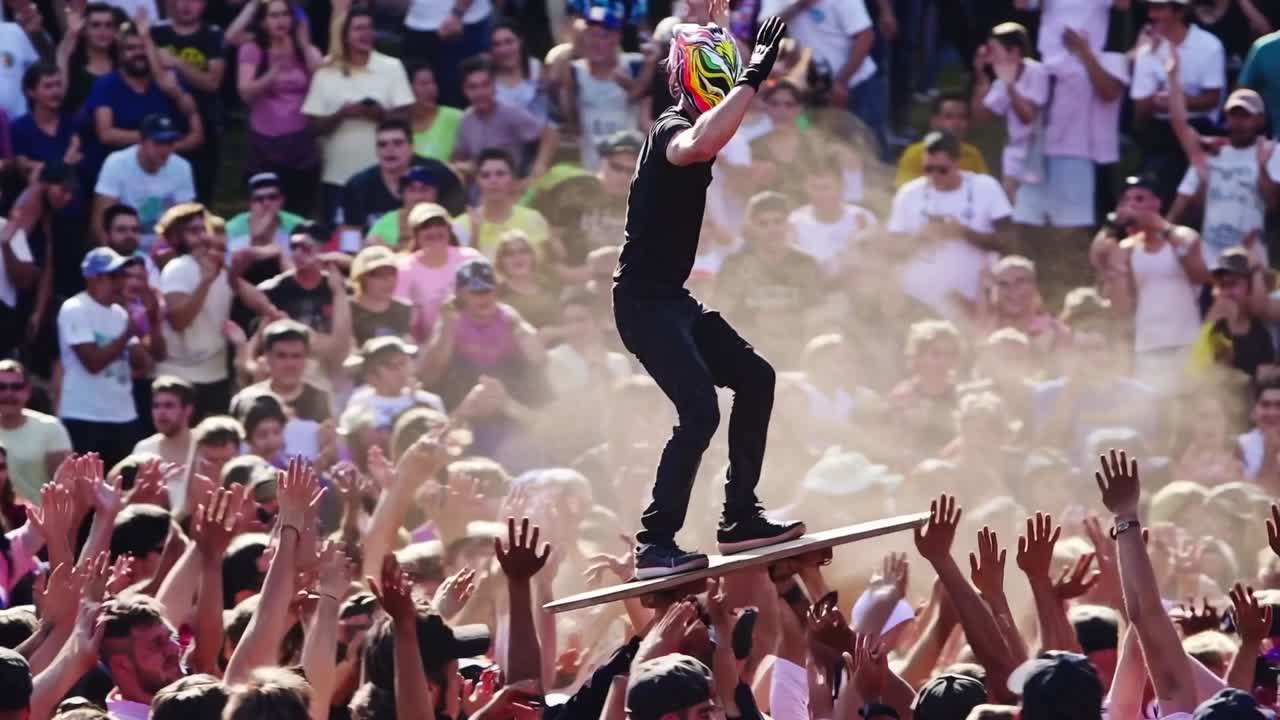 Skater in vibrant helmet balances on a board above cheering crowd, showcasing thrilling performance amidst excitement and energy, capturing the essence of live entertainment