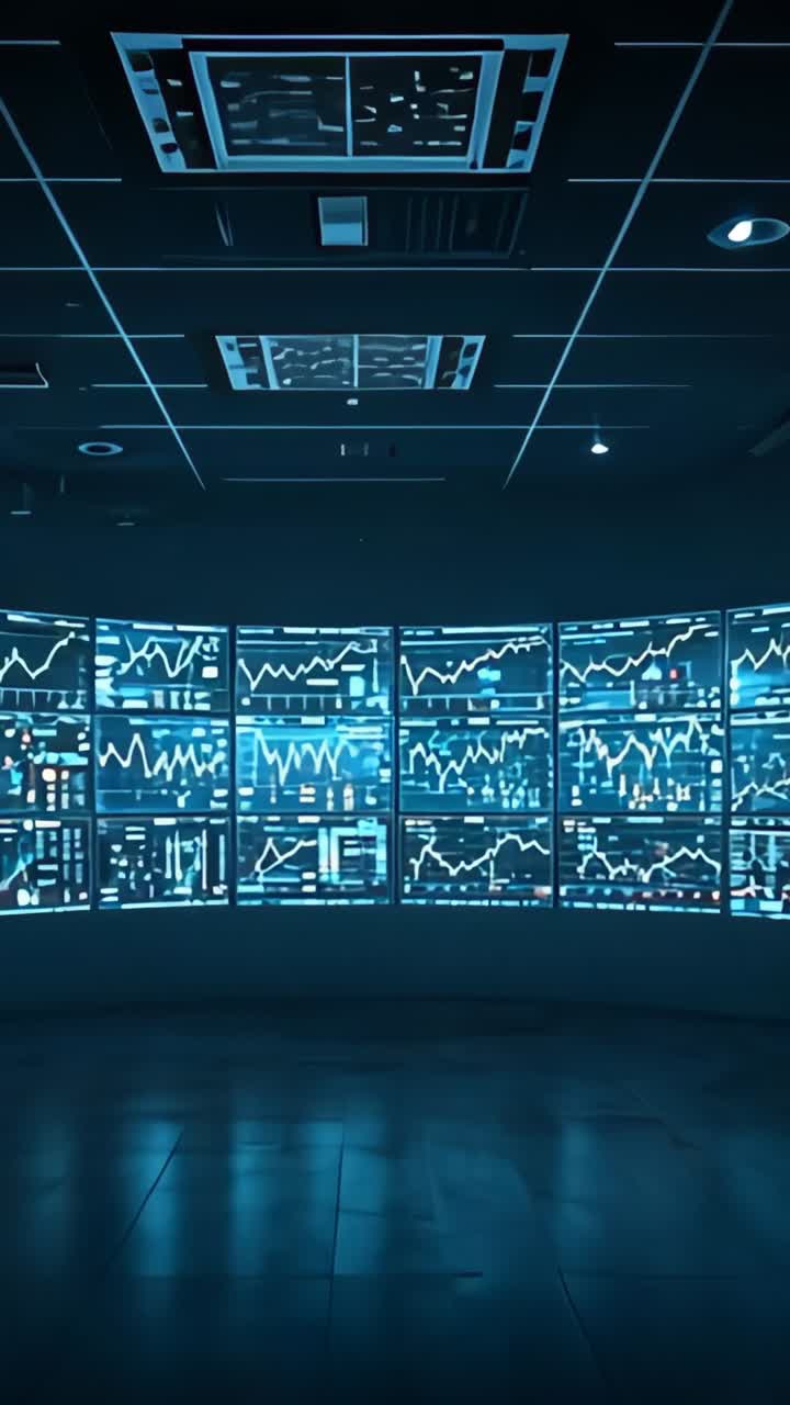 Vertical video: Panning camera revealing monitor array at monitoring hub, showing live data updates