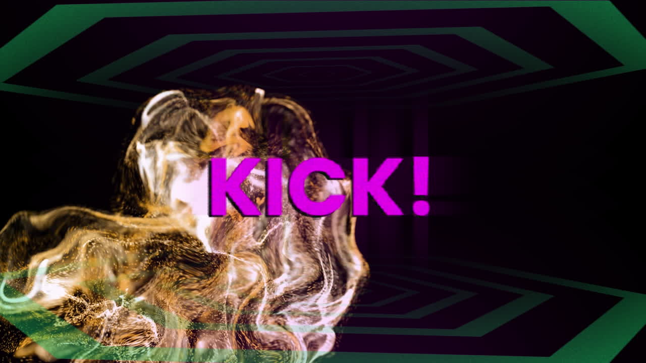 Animation of kick text in pink, with flames and moving green shapes on black background