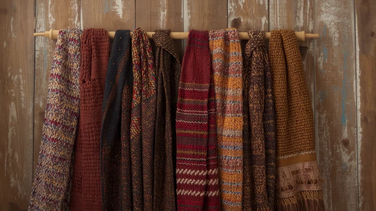 Camera revealing rod in retail studio, slipping cream, navy, brown, grey scarves for display