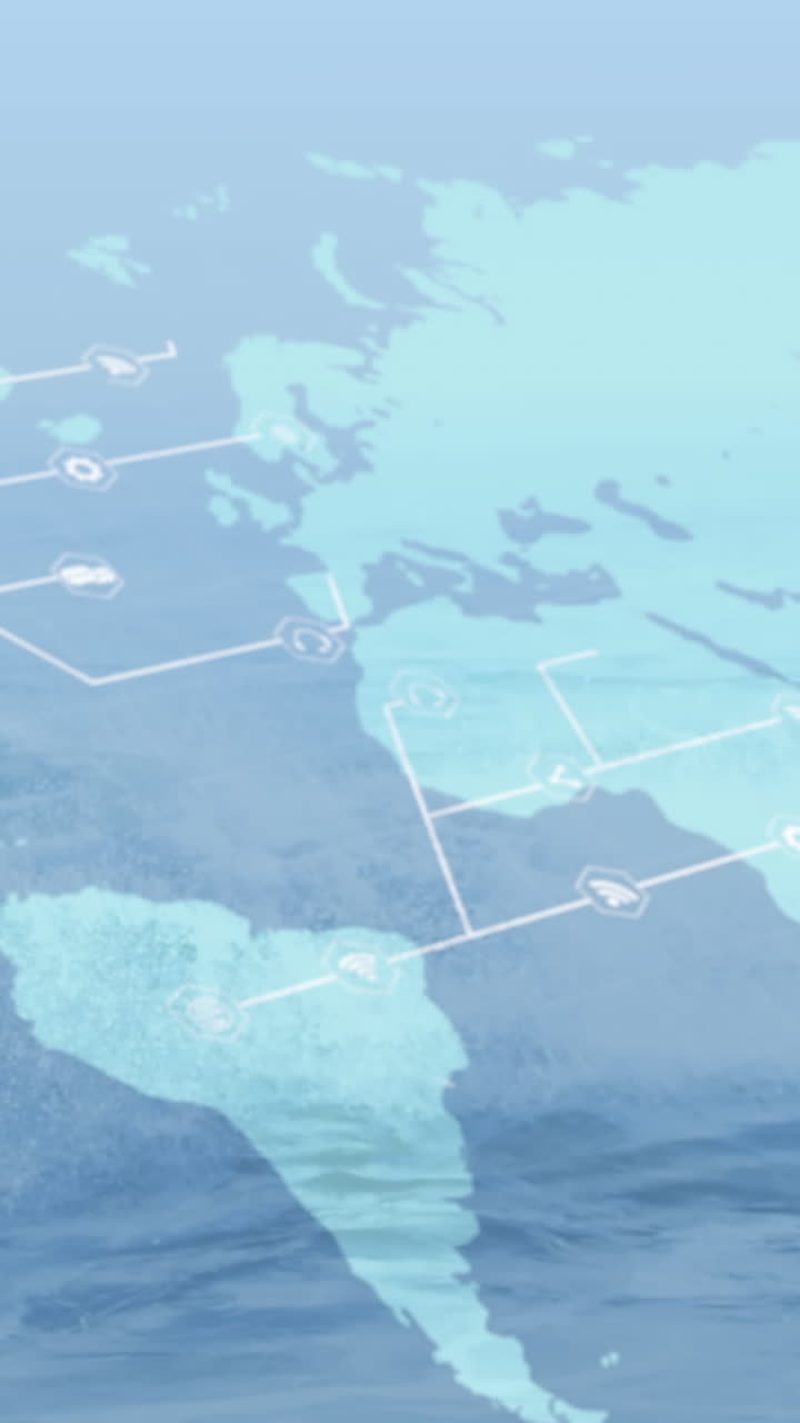 animación del mapa del mundo y las conexiones sobre el surfista caucásico surfando en las olas