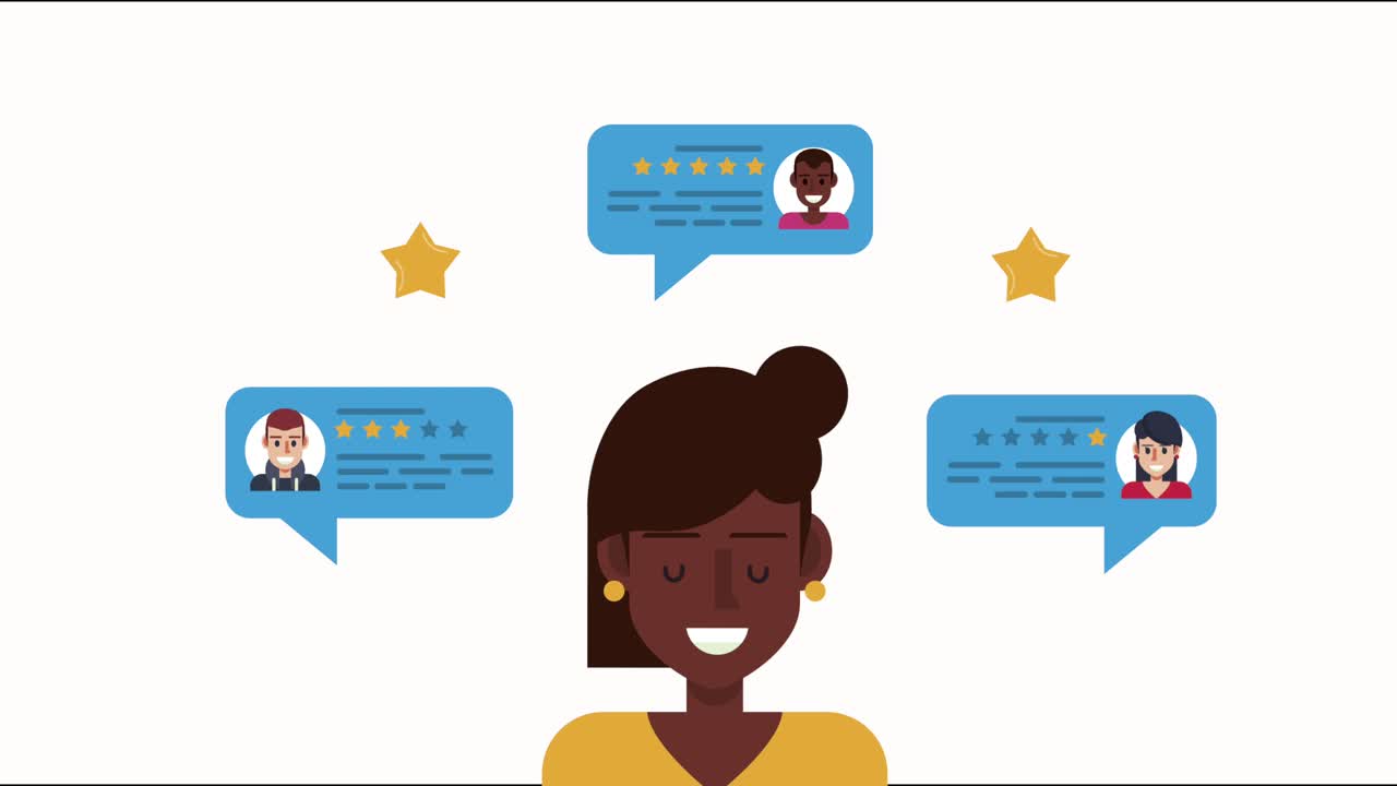 mujer afro con burbujas de chat animación de redes sociales