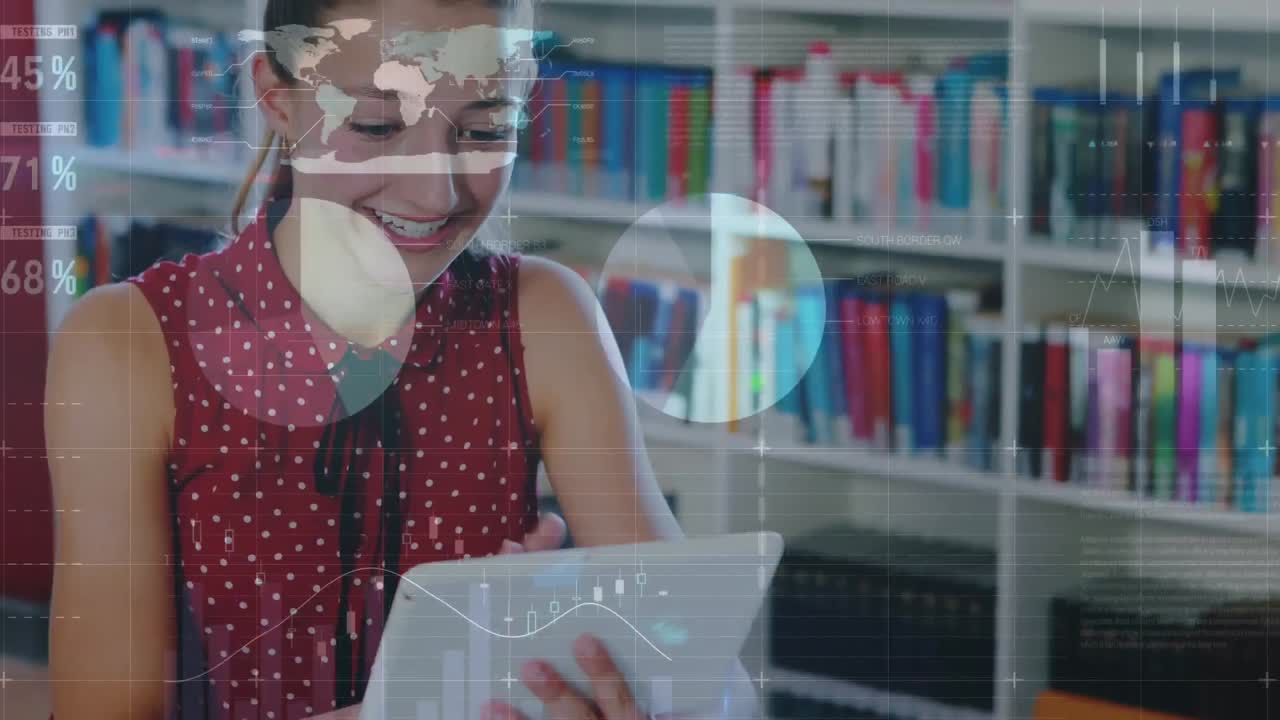 animación del procesamiento de datos sobre el estudiante caucásico usando la tableta.