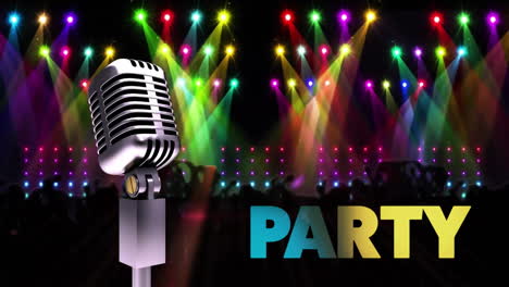 animation of party text and retro microphone at party with lights on black background