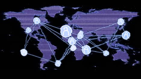 animación de la red de conexiones con las personas iconos sobre el mapa del mundo sobre fondo negro