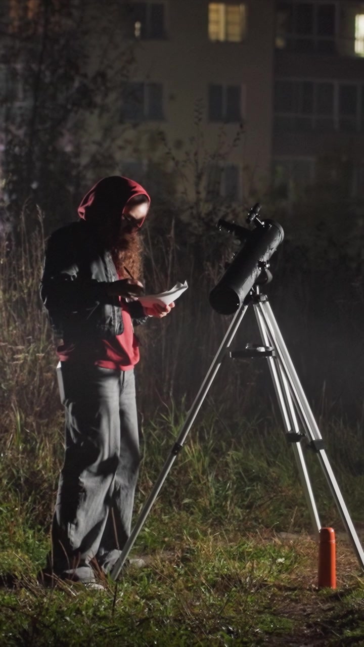 Kvinnelig figur dokumenterer funn nær et astronomisk oppsett. Skriver på en side i en åpen notatblokk ved siden av et teleskopstativ. Nattescenen viser et gressområde og glødende bygningsvinduer.