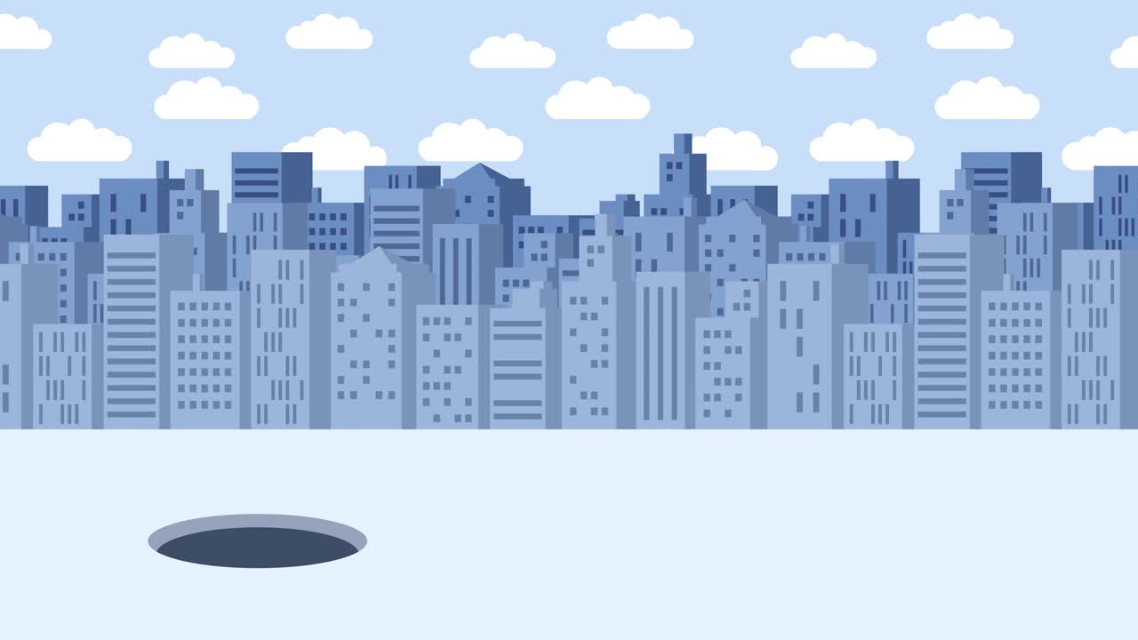 Donna d'affari che salta oltre il buco. Sfondo di edifici. Concetto di rischio. Illustrazione in loop in stile piatto.
