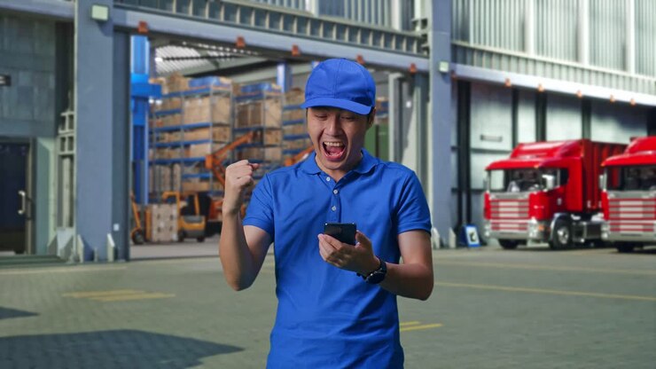 Asian male Courier In Blue Uniform Looking At Smartphone And Celebrating The Succeed While Delivering A Carton, Outside of Logistics Distributions Warehouse