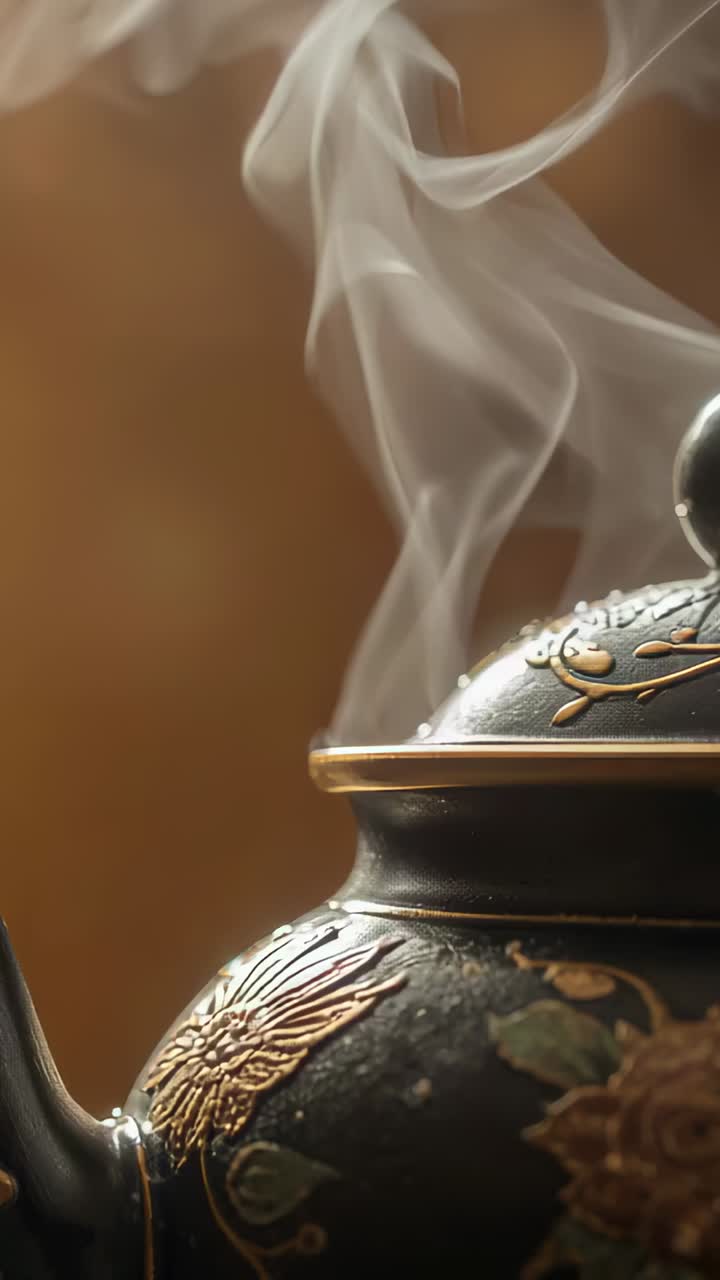 Vertical video: Showing black teapot steam rising from lid seam after boiling at home ready to pour
