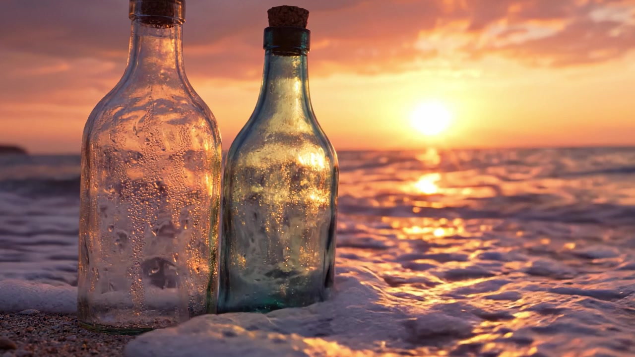 Due bottiglie su una spiaggia serena al tramonto, che catturano la tranquillità e la bellezza della natura con onde delicate e un magnifico cielo illuminato dal sole.