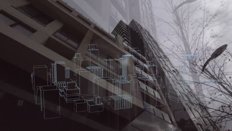 animation of 3d city drawing spinning over cityscape