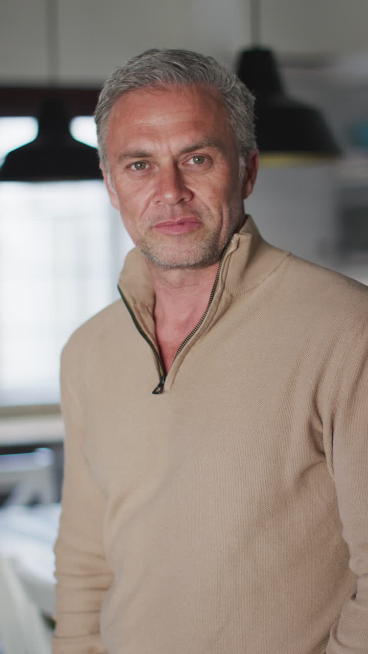 video vertical de un hombre caucásico mirando a la cámara y sonriendo