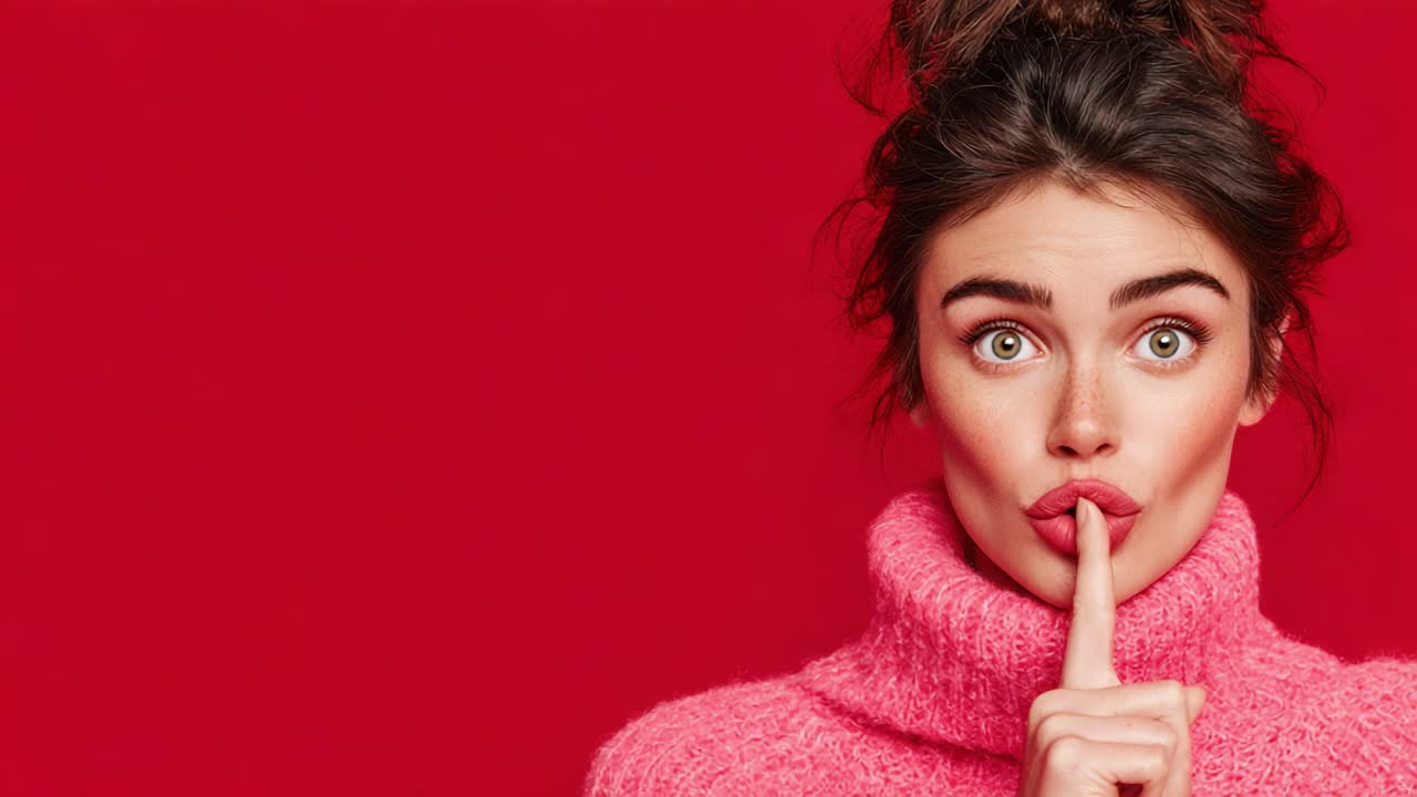 A Captivating Moment of Mystery: A Woman in a Cozy Pink Sweater Posing with a Finger to Her Lips Against a Bold Red Backdrop, Evoking Intrigue and Playfulness