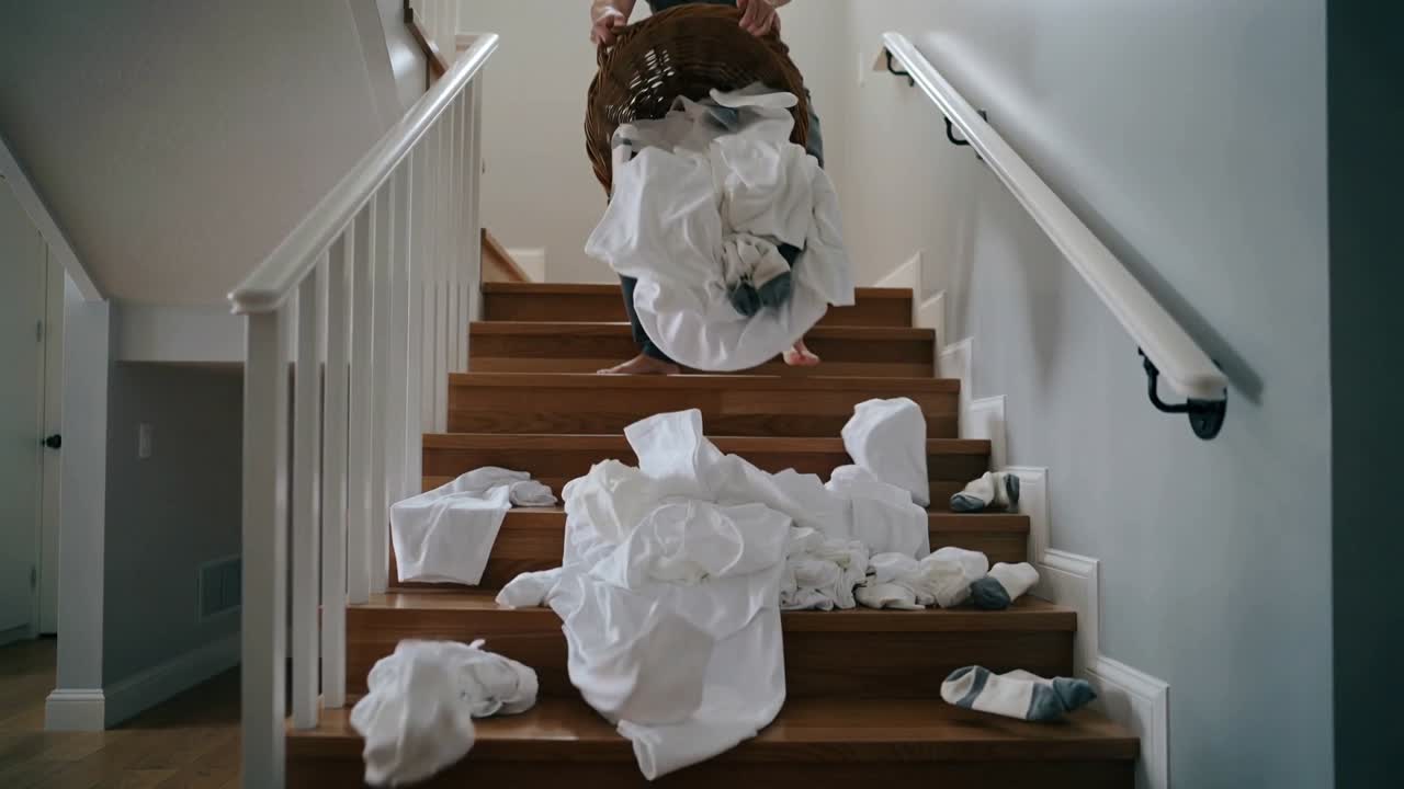 Descending man carrying basket on stairs losing grip and spilling linens to wash while dog tumbling
