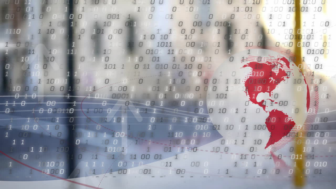 Stylized globe rotating in blurred corridor, binary digits cascading alongside paper airplane icon