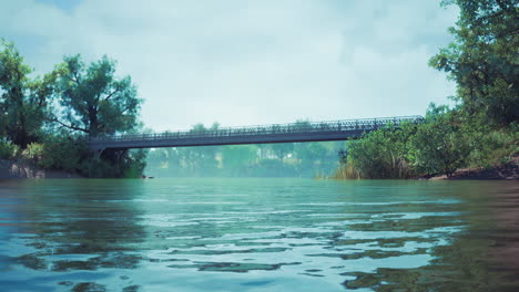 tranquil river view with a bridge surrounded by lush greenery in daylight