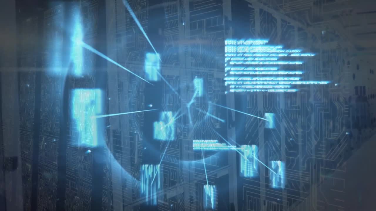 Animation of abstract patterns and computer language in circular tunnel against server room