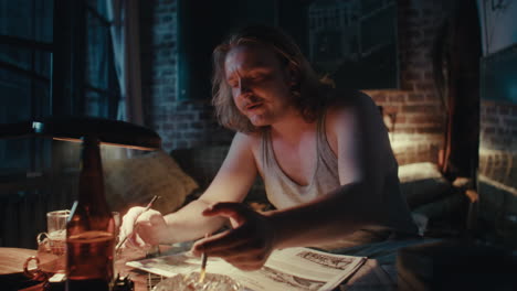 man reading in a dark room at night