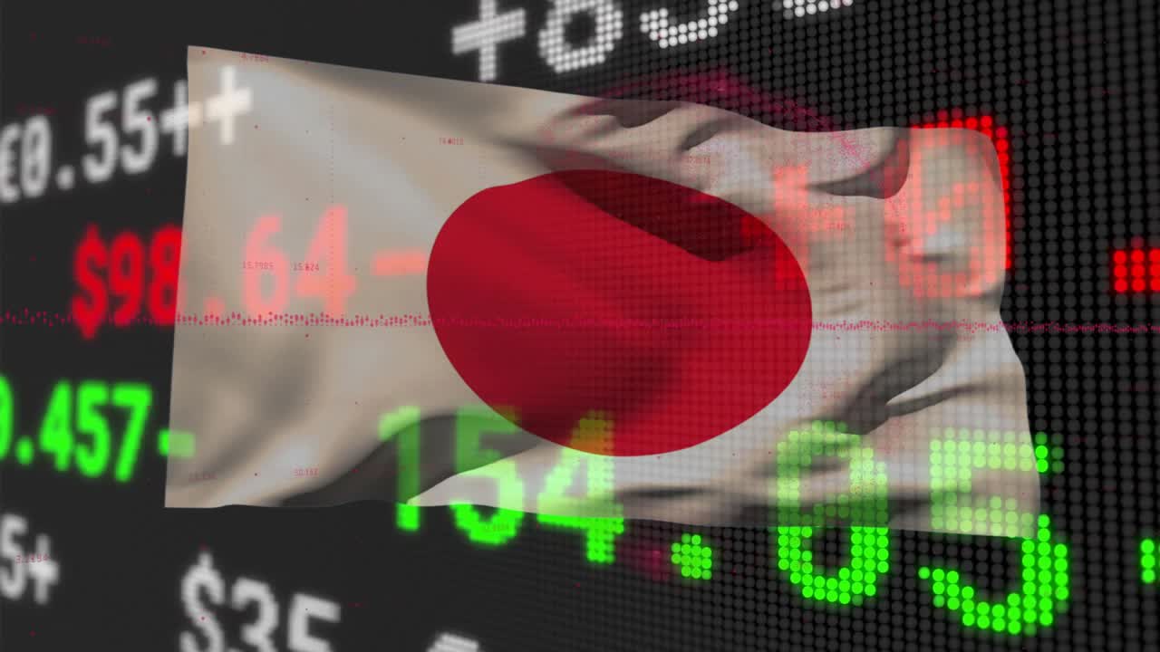 Japanese flag waving over dark stock ticker display showing scrolling green red white LED digits