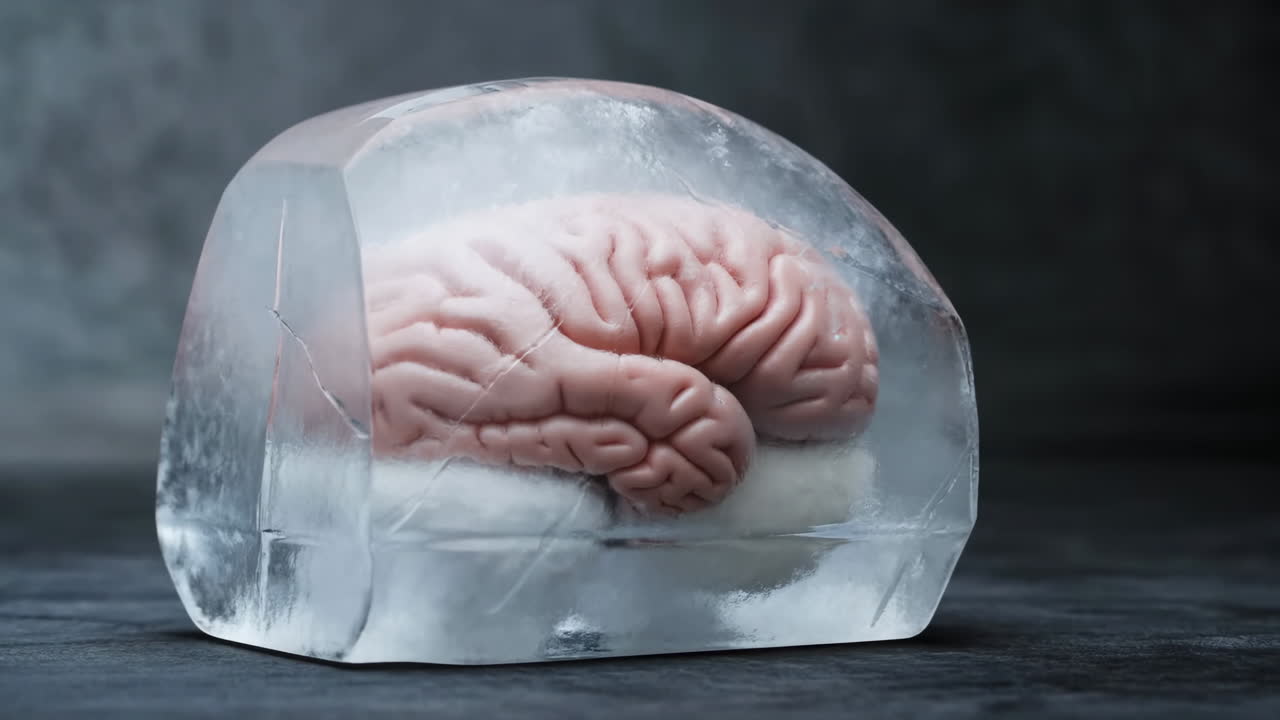 Hjerne innkapslet i klar isblokk på mørk betongoverflate, realistisk anatomisk avstøpning av hjernebark, mykt studiolys.