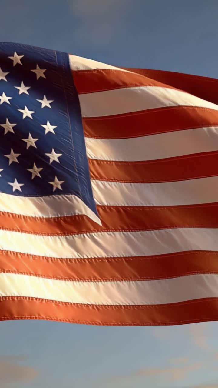 Una Vibrante Dimostrazione di Patriotismo: La Bandiera Americana che Sventola con Grazia Contro un Cielo Azzurro Limpido, Simboleggiando Libertà, Unità e Identità Nazionale in Ogni Piegatura e Cucitura