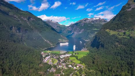 geiranger fjord, beautiful nature norway aerial footage.