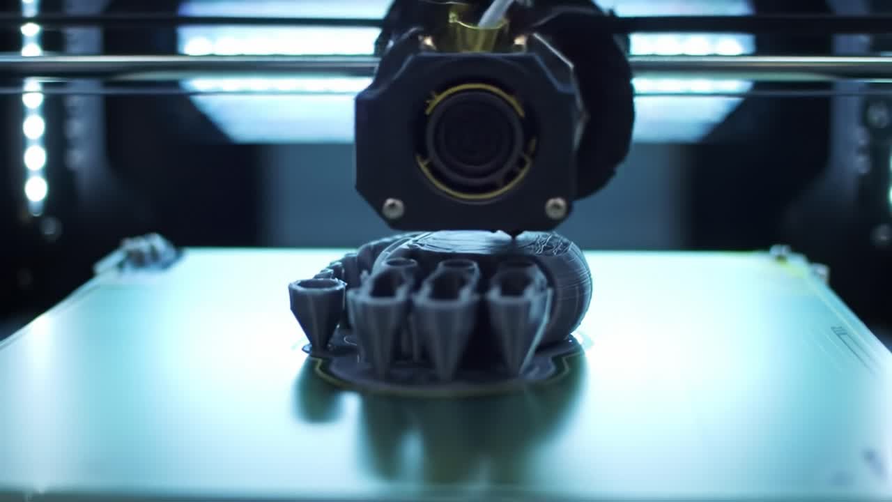 A 3D printer operates in a workshop, skillfully producing a detailed model. The process showcases the intricate design technology and creativity involved in three-dimensional printing.