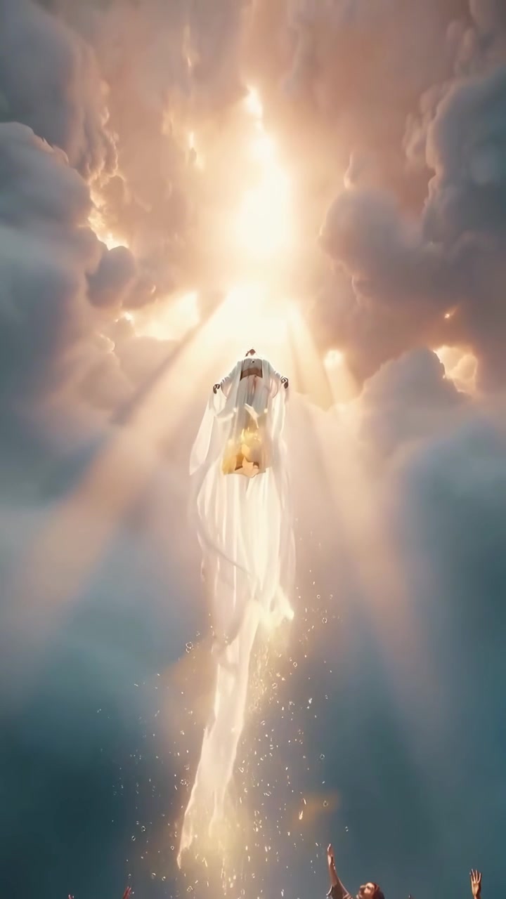 Gesù Cristo che Ascende al Cielo tra Luce Divina e Nuvole