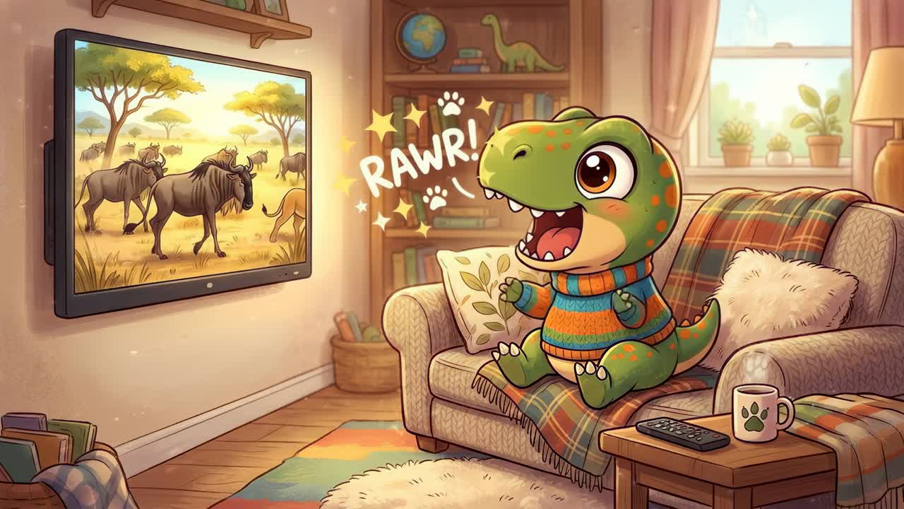 Dinossauro de Desenho Animado Fofo Rugindo Enquanto Assiste TV na Sala de Estar