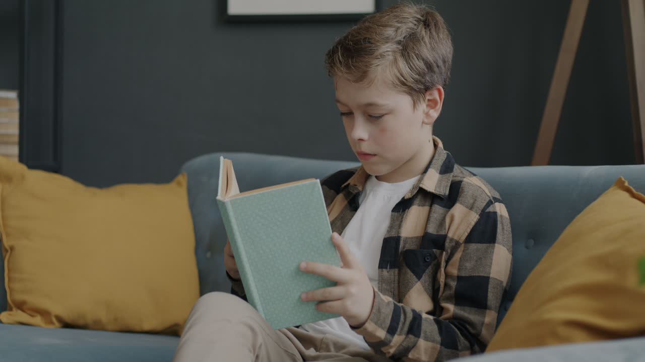 Boy Reading a Book on a Couch