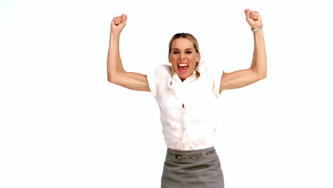 Excited-businesswoman-cheering-and-jumping