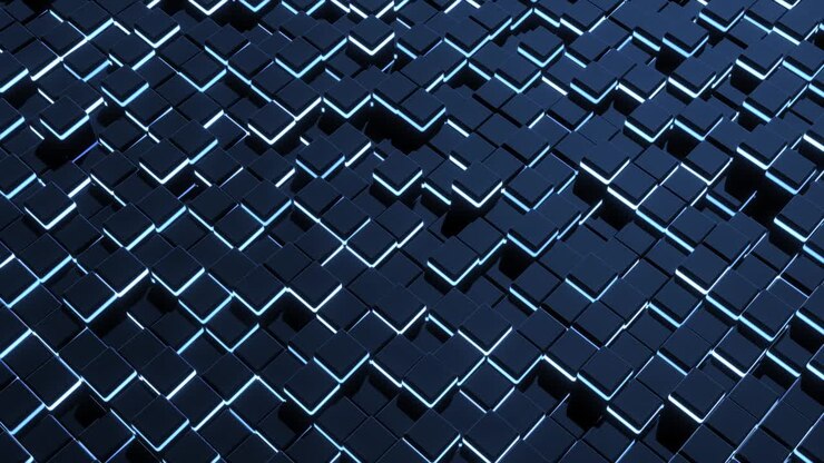 4k abstract looped dark background waves of cubes on plane, neon lights. Grid of cubes like blue neon bulbs. VJ cyberpunk neon style bg for event, presentation. Classic simple motion design backdrop