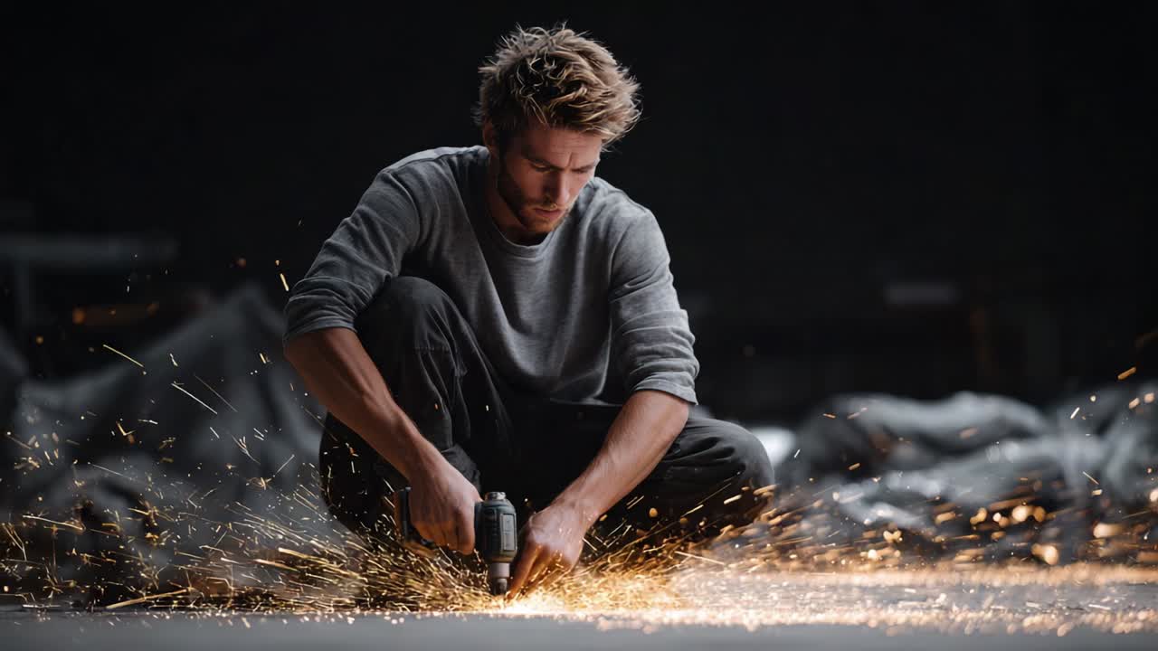 Man working with a drill and sparks