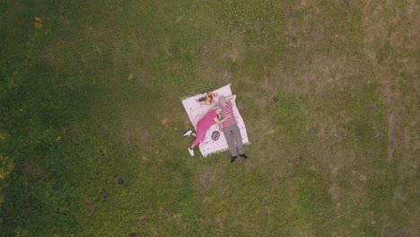 family weekend picnic in park. aerial view. senior old couple lie on blanket on green grass meadow