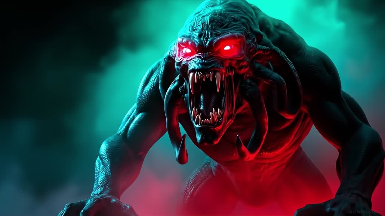 A demonic creature with red eyes and fangs in the dark