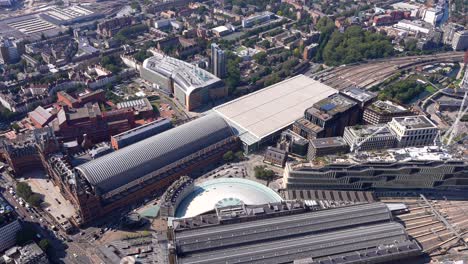 aerial view of st pancras and kings cross stations and new development at coal drops yard, london, uk