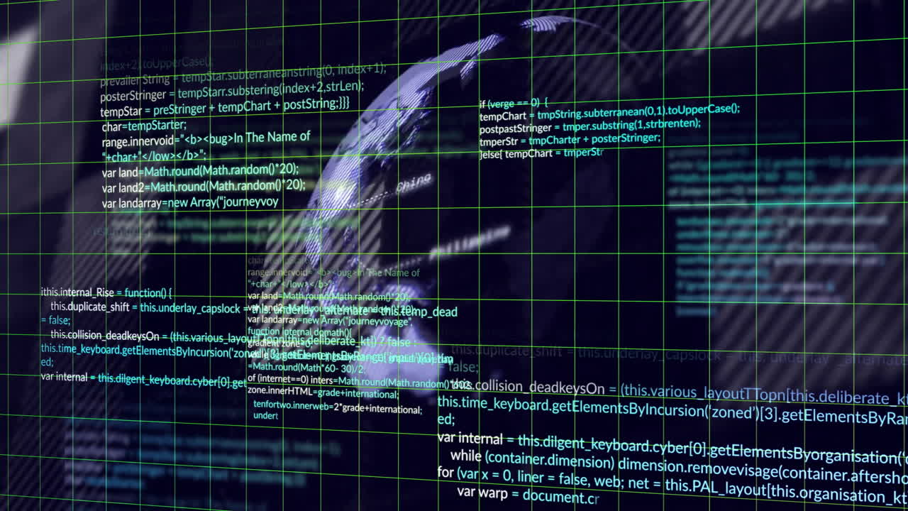 Animation of digital globe with programming code representing global data network