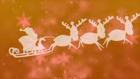 animation of santa claus in sleigh with reindeer moving over falling snow