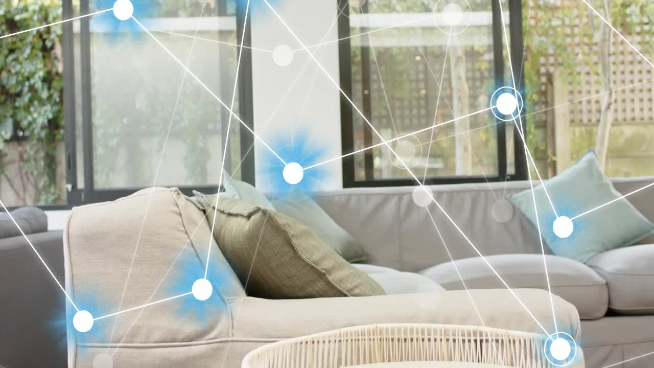 Left side glowing nodes entering and forming connected blue web over sofa, visualizing home network