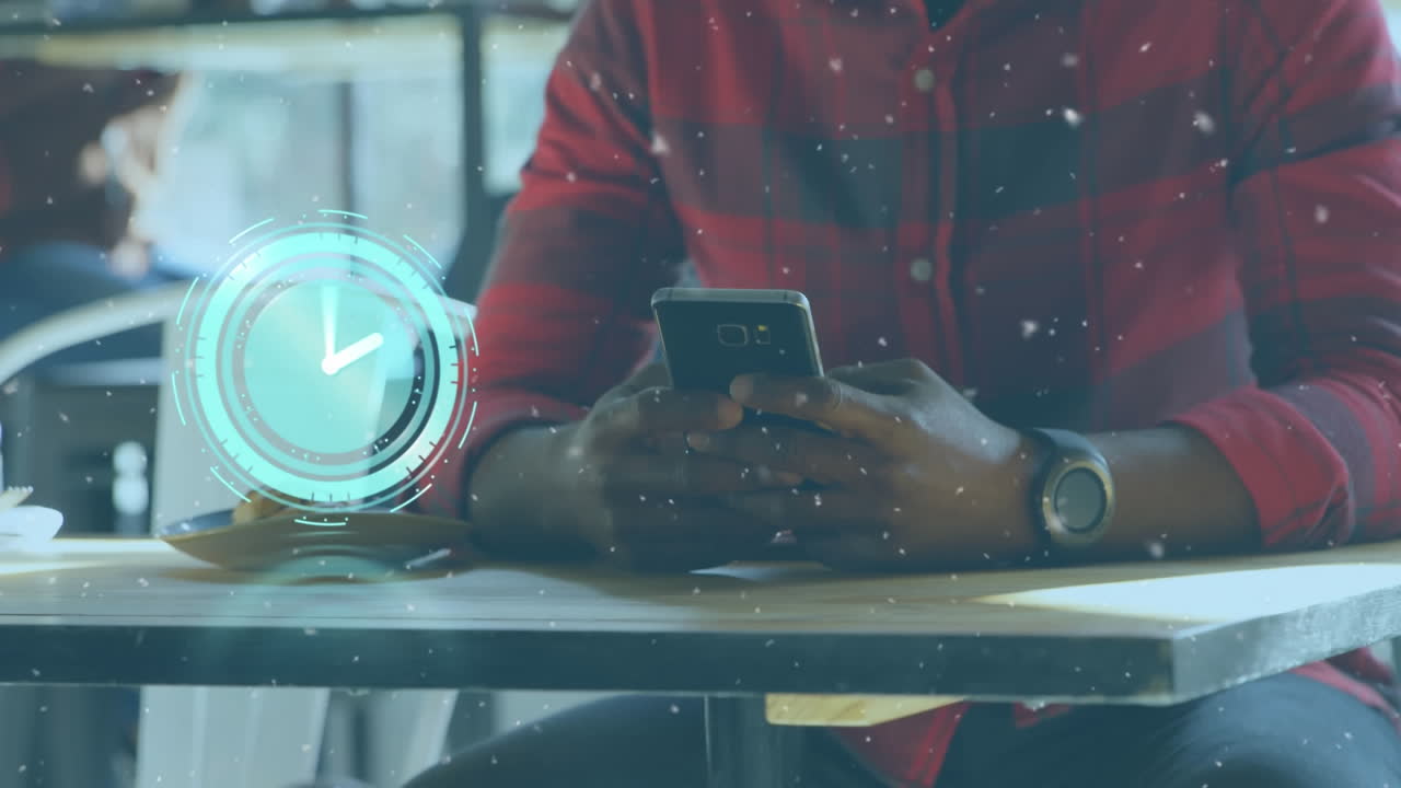 Animation of clock over man using smartphone