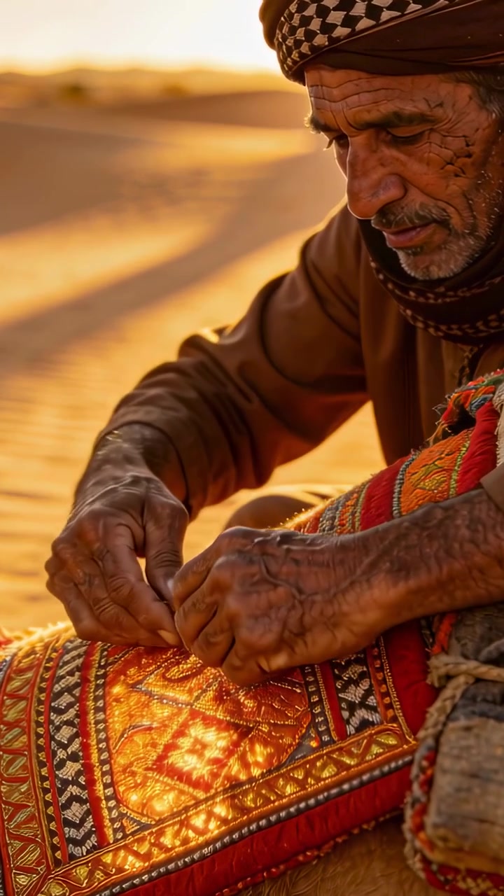 Vertical video: Pinching thread, tying knots, man with scarf mending ornate rug on dune, copy space