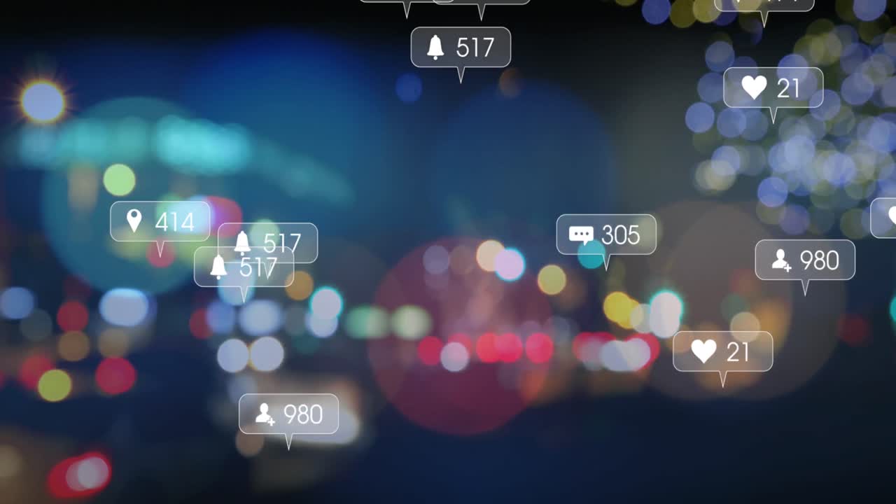 소셜 미디어 아이콘과 야간 도시 교통에 대한 빛의 반점의 애니메이션