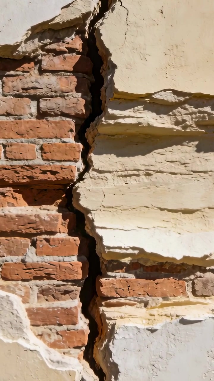 Vertical video: Filming street facade centering crack exposing brick and flaking plaster for repair