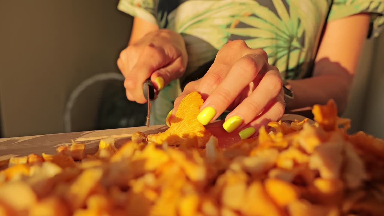 Nordic foraging kitchen scene with large chanterelle sliced in warm sunset glow